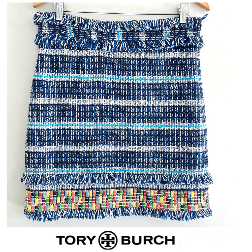 TORY BURCH Nora Normandy Blue Tweed Fringe Multicolor Enamel Pencil Skirt Sz 8